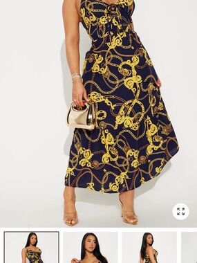 Fashion Nova Navy & Gold Chain Print Maxi Dress